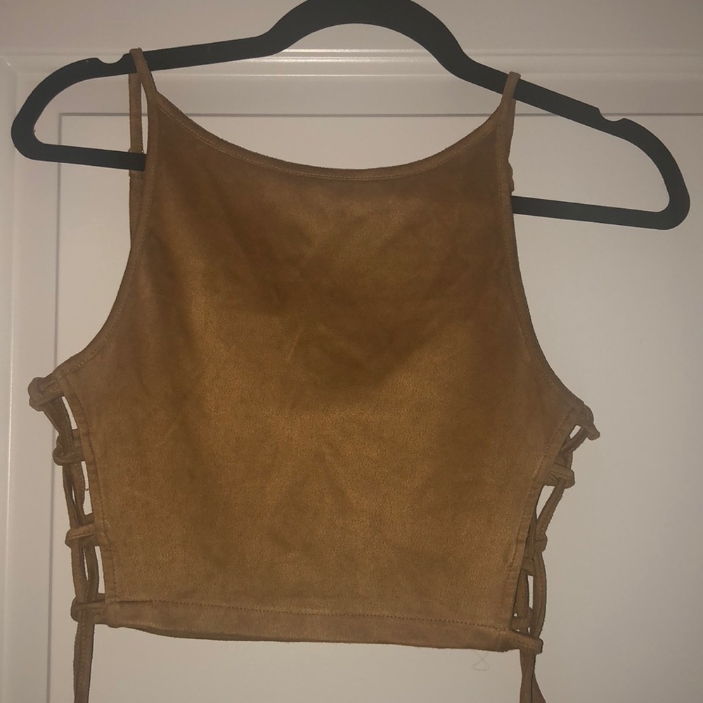 Jaase (LF stores) tan suede, side tie crop top
